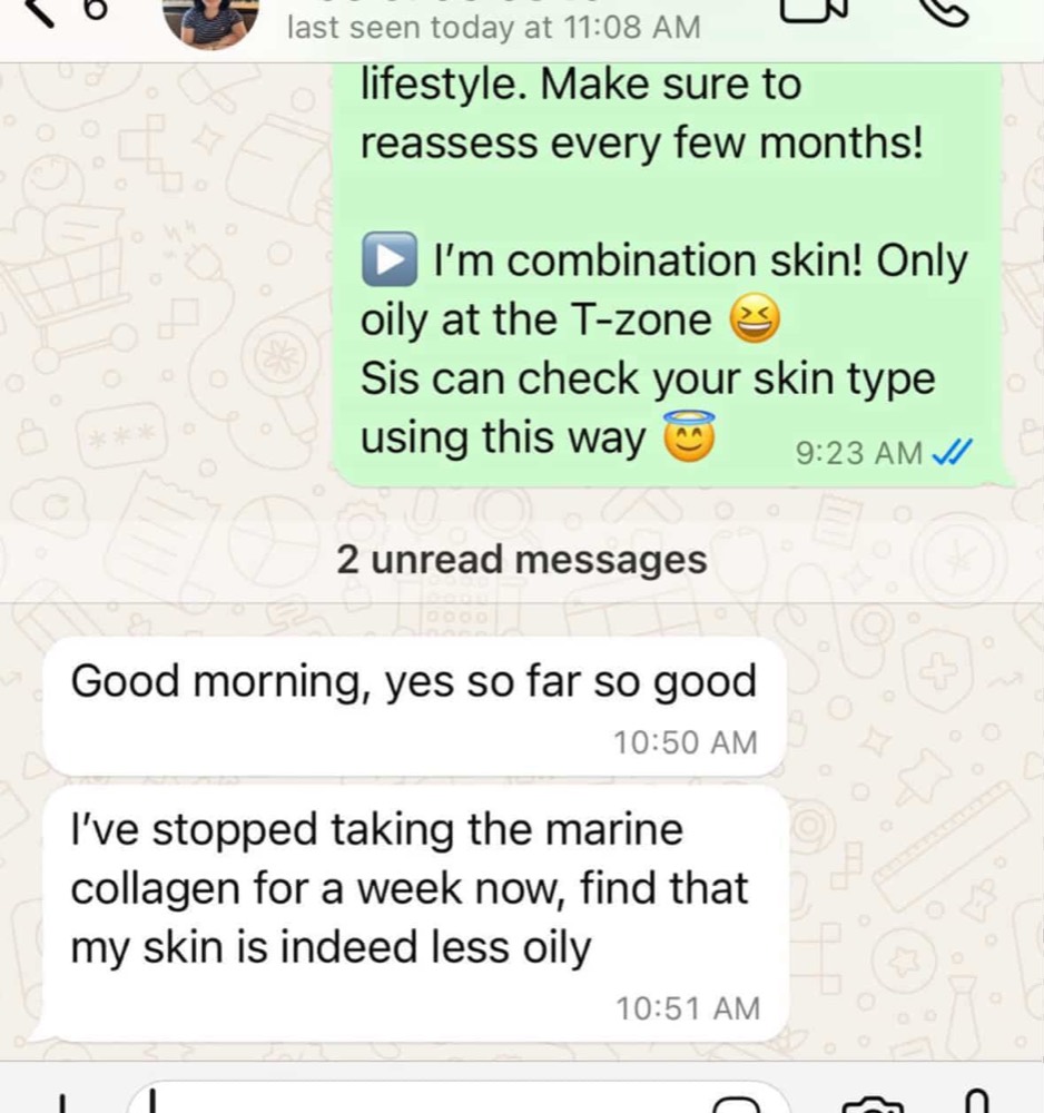 Customer WhatsApp message about pausing marine collagen
