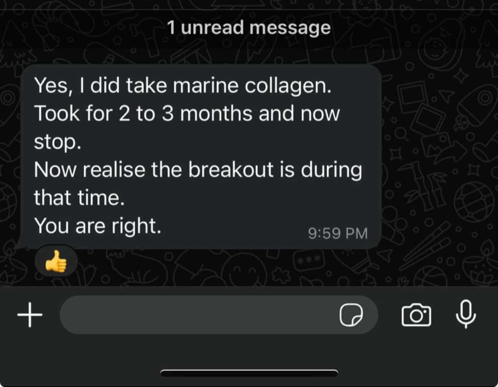Customer WhatsApp message about her months on marine collagen