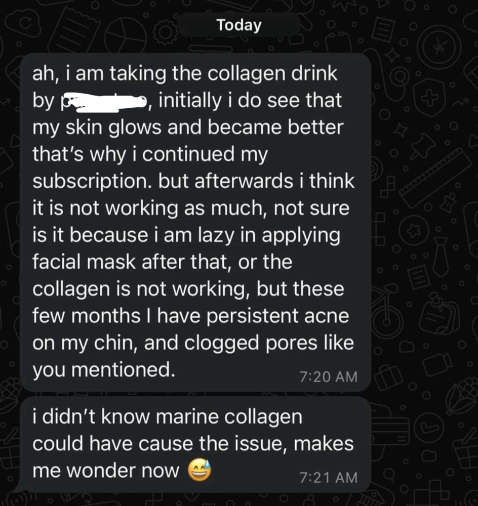 Customer WhatsApp message about her experience with collagen drinks