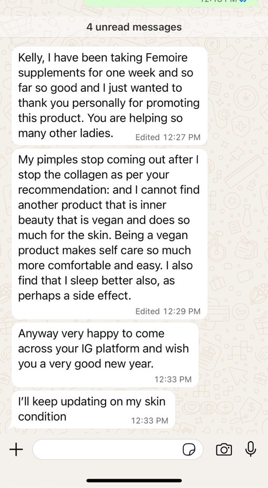 Customer WhatsApp message after switching from collagen on Femoire's advice